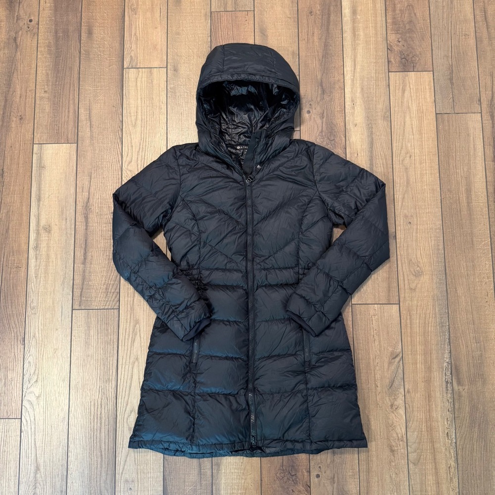 Athleta Black Hooded Long Puffer Down Parka Coat Women's Size M Quilted Zip